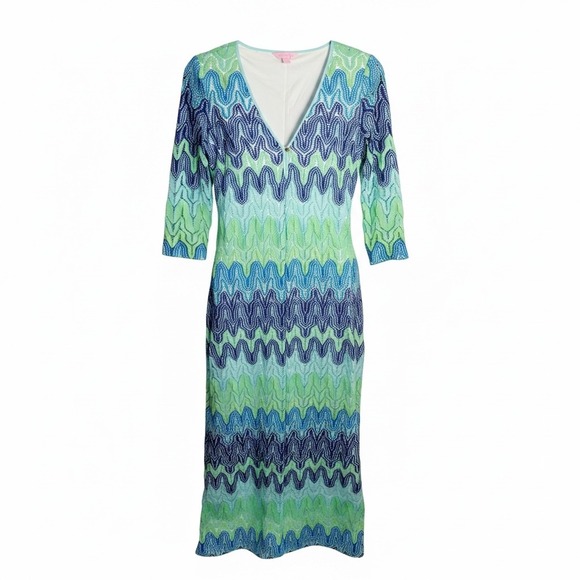 Lilly Pulitzer Dresses & Skirts - Lilly Pulitzer Dress S Blue Green Chevron Crochet Lace Maxi 3/4 Sleeve V-Neck